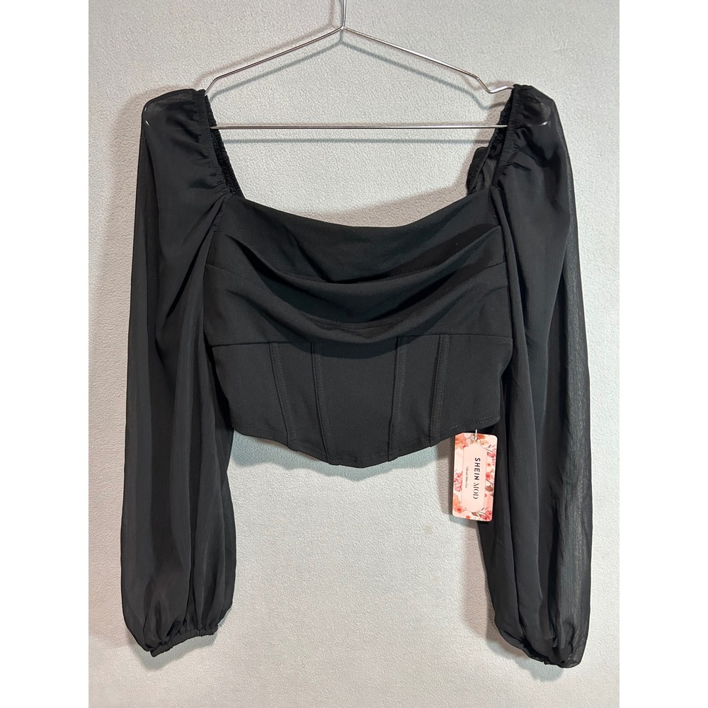 Black Corset Top Womens Medium Sheer Long Sleeve Cowlneck Bustier Coquette Fairy